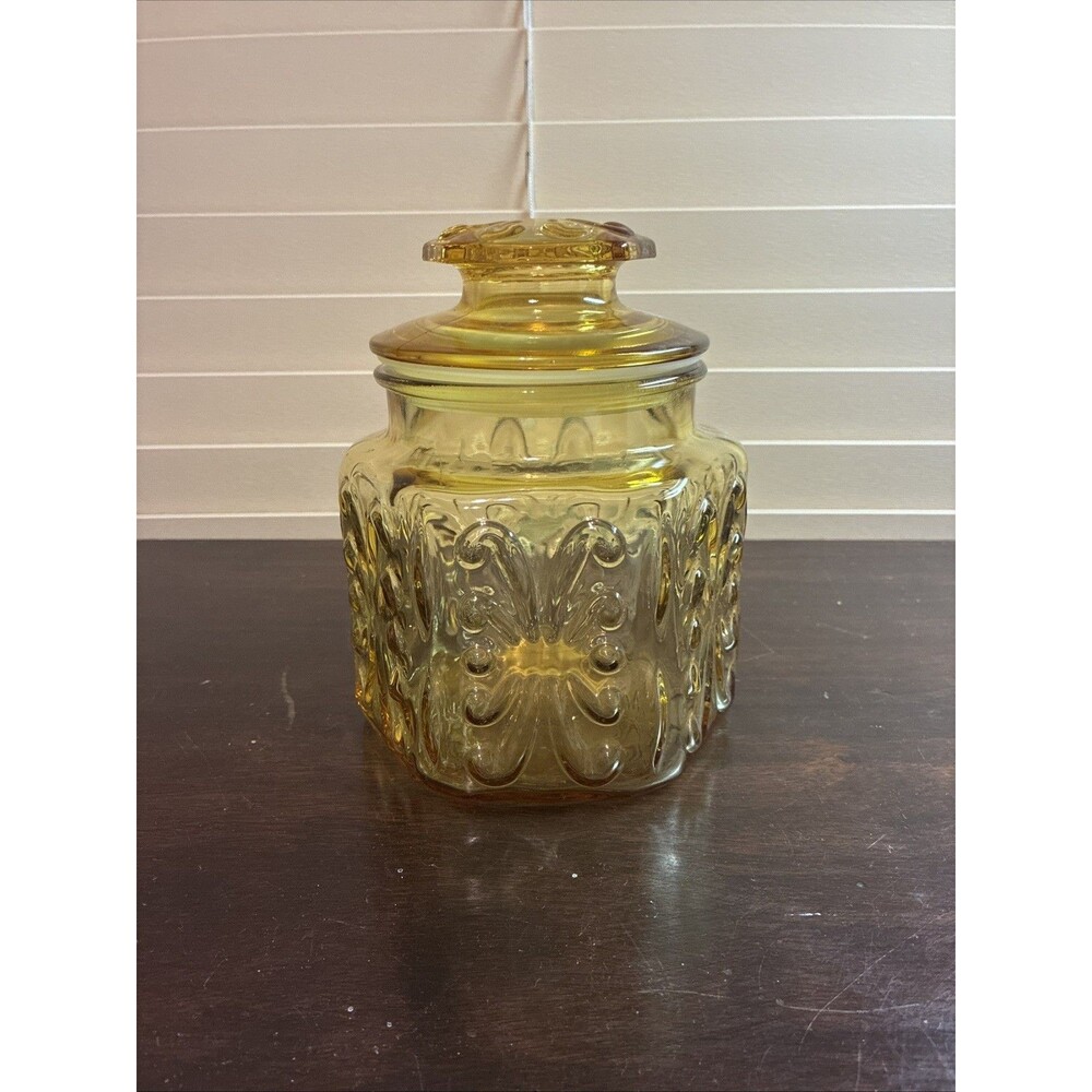 Vintage Federal Atterbury Scroll Glass Jar Canister Amber Gold Yellow w/lid